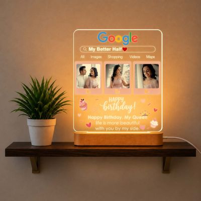 Personalized Google Page Theme Birthday Gift for Wife, Soulmate, Fiancée & Better Half – Warm Light Bedside Table Lamp with Wooden Stand Anniversary, Birthday & Valentine’s Day Gift